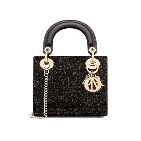 TÚI Dior Women Mini Lady D-joy Bag Black Cannage Cotton with Micropearl Embroidery