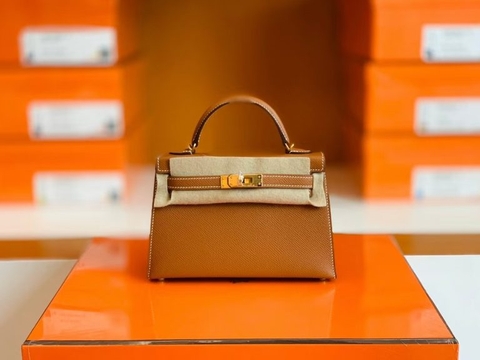 Túi Hermes Mini Kelly Epsom Golden Brown Gold Hardware Handmade khâu tay 19cm
