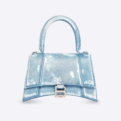 TÚI Balenciaga Women Hourglass Small Handbag Denim Printed in Indigo-Blue