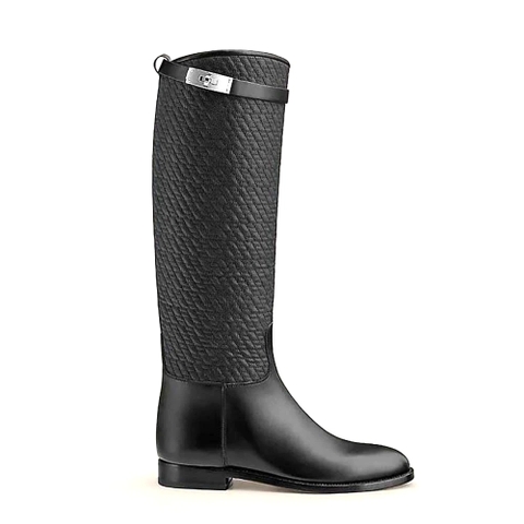 GIÀY Hermes Women Jumping Boot in Quilted Canvas and Calfskin-Black