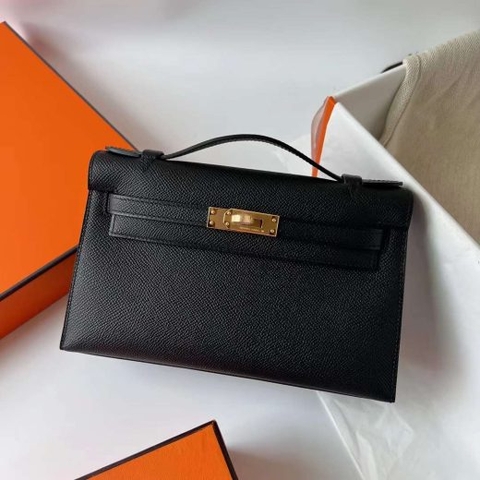 Túi Hermes Mini Kelly Pochette Epsom Black Gold Hardware Handmade khâu tay 22cm