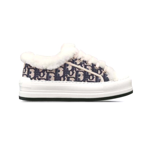 GIÀY Dior Women Walk’n’dior Platform Sneaker Deep Blue Dior Oblique Embroidered Cotton and White Shearling