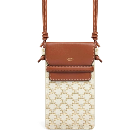 TÚI Celine Women Phone Pouch with Flap in Triomphe Canvas and Lambskin-Beige