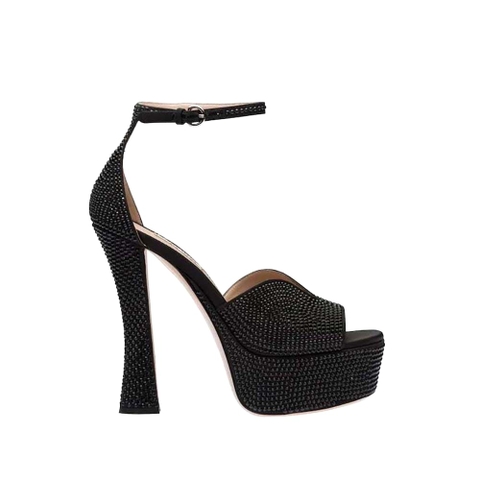 GIÀY Miu Miu Women Satin Platform Sandals with Crystals-Black