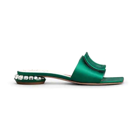 DÉP Roger Vivier Women Strass Heel Covered Buckle Mules in Satin-Green