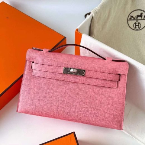 Túi Hermes Mini Kelly Pochette Epsom Creamy Pink Silver Hardware Handmade khâu tay 22cm