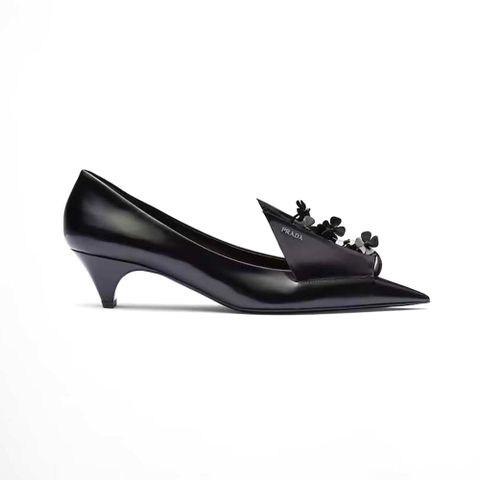 GIÀY Prada Women Brushed Leather Pumps with Floral Appliqués-Black