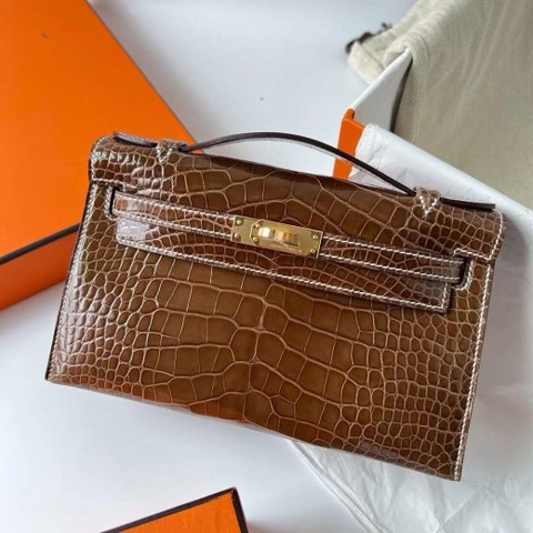 Túi Hermes Mini Kelly Pochette Shiny Alligator crocodile Coffee Gold Hardware Handmade khâu tay 22cm