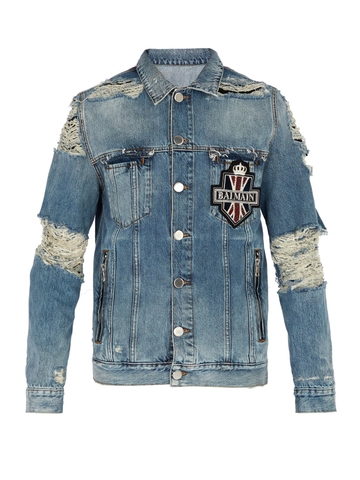 ÁO BALMAIN Distressed crystal-embellished denim jacket(TẠM HẾT HÀNG)