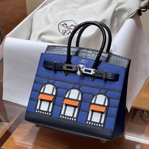 Túi Hermes Birkin 24 Faubourg Crocodile Epsom Blue 20CM Handmade khâu tay(Giá liên hệ)