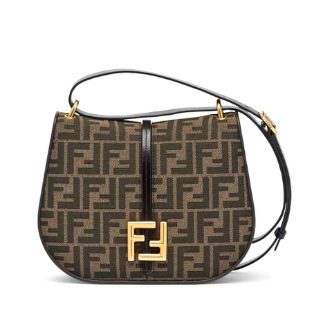 TÚI FENDI Women C’mon Medium Brown FF Jacquard Fabric and Leather Bag
