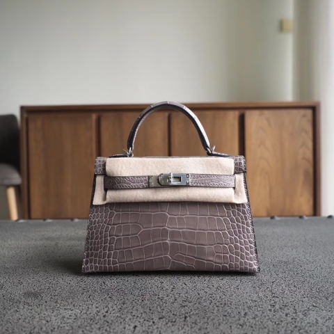 TÚI HERMES Mini Kelly 19CM silver hardware Gray crocodille da cá sấu
