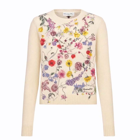 ÁO Dior Women Embroidered Sweater White Cashmere Knit with Red Multicolor Florilegio Motif
