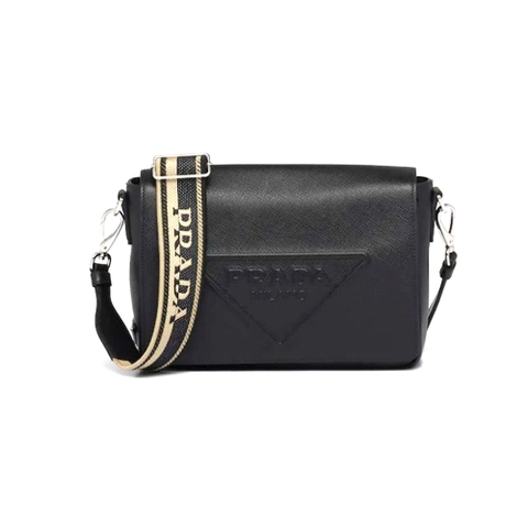 TÚI Prada Men Saffiano Leather Shoulder Bag with Sleek-Black
