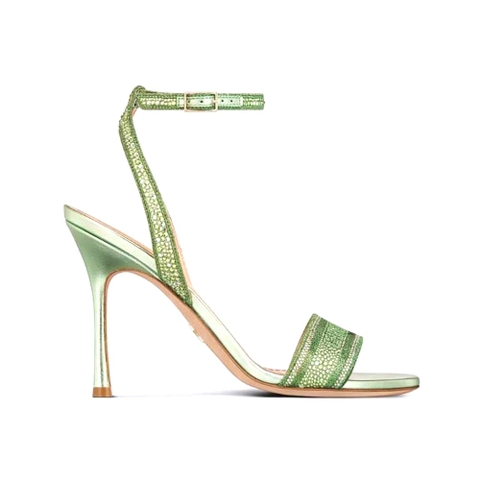 GIÀY Dior Women Dway Heeled Slide Green Cotton Embroidered with Metallic Thread and Strass