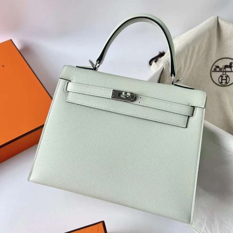 Túi Hermes Kelly Epsom Light Green Silver Hardware Handmade khâu tay 25cm