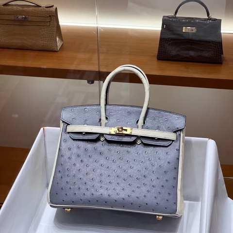 Túi Hermes Birkin  Bleu Glacler Craie Ostrich da đà điểu 25CM Handmade khâu tay(Giá liên hệ)