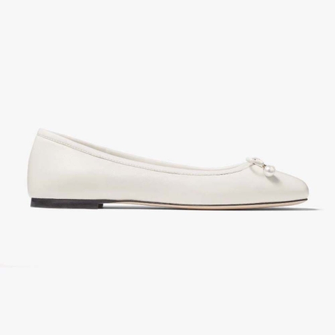 GIÀY Jimmy Choo Women Elme Flat Latte Nappa Leather Flats with Pearl Embellishment