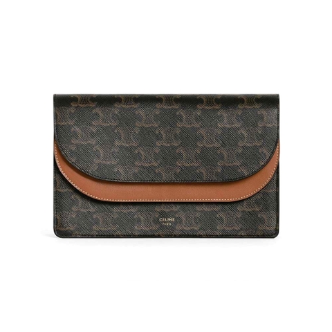 Ví Celine Women Wallet on Strap in Triomphe Canvas and Smooth Lambskin-Tan
