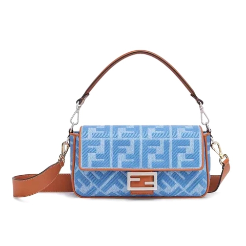 TÚI FENDI Women Baguette Light Blue Denim Bag with FF Embroidery
