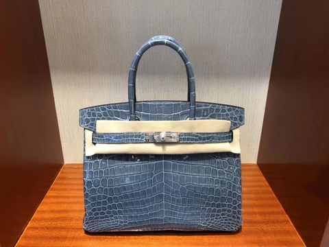 TÚI HERMES Birkin 30CM da cá sấu màu jeans blue gold hardware