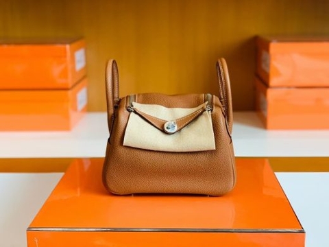 Túi Hermes Mini Lindy Golden Brown Silver Hardware Handmade khâu tay 19cm