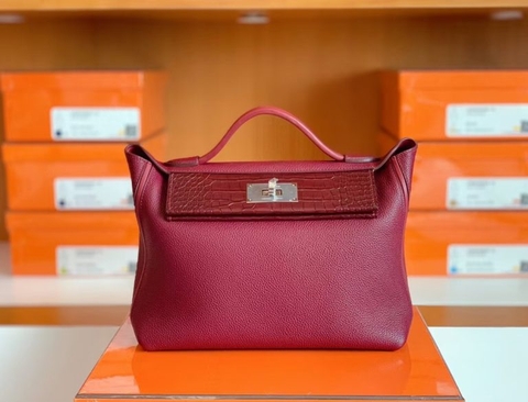 Túi Hermes Kelly 2424 Matte crocodile & Togo Bordeaux red Silver Hardware Handmade khâu tay 29cm