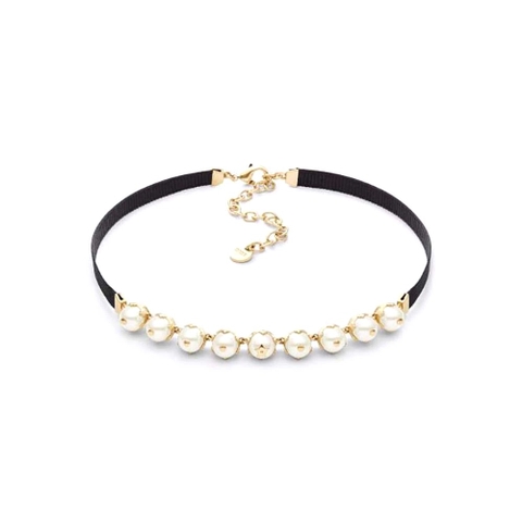 Vòng cổ Dior D-Renaissance Choker Gold-Finish Metal with Black Grosgrain and White Resin Pearls