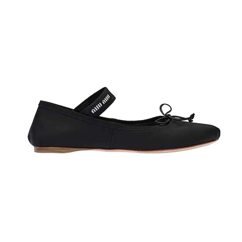 GIÀY Miu Miu Women Satin Ballerinas with Knit Logo Label-Black