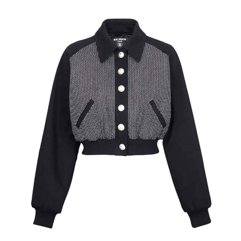 ÁO Balmain Women Cropped Balmain Jacket with Rhinestones