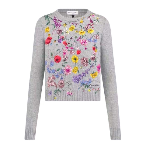 ÁO Dior Women Embroidered Sweater Gray Cashmere Knit with Red Multicolor Florilegio Motif