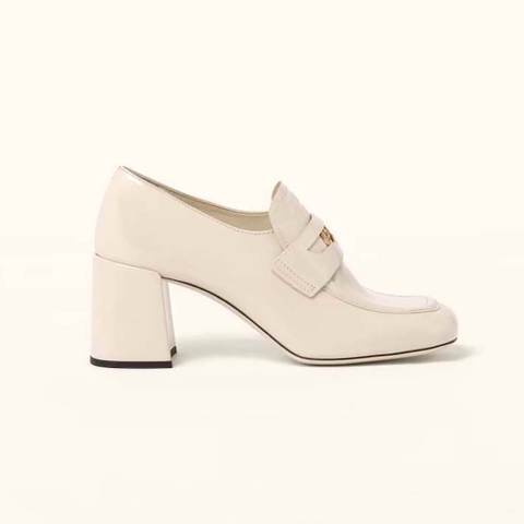 GIÀY Miu Miu Women Patent Leather Loafers with Embossed Logo on the Tongue-White