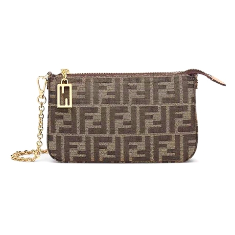TÚI Fendi Women Baguette Pouch Brown Jacquard FF Fabric Clutch with Chain