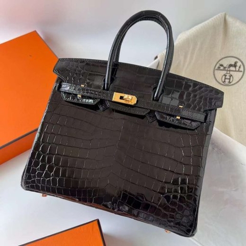 Túi Hermes Birkin Shiny Nilo Crocodile Black Gold Hardware Handmade khâu tay 25cm