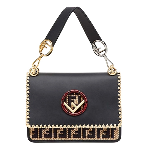TÚI Fendi Women KAN I F Exotic Black Leather and Raffia Bag