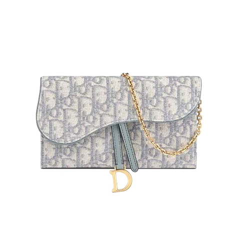 TÚI Dior Women Long Saddle Wallet with Chain Gray Dior Oblique Jacquard
