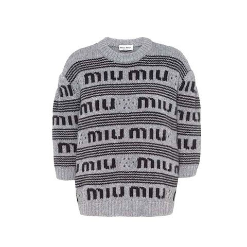 ÁO Miu Miu Women Cashmere Crew-Neck Sweater with Intarsia Knit Logo-Gray