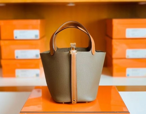 Túi Hermes Picotin Togo Etoupe Grey & Golden Brown Gold Hardware Handmade khâu tay 18cm