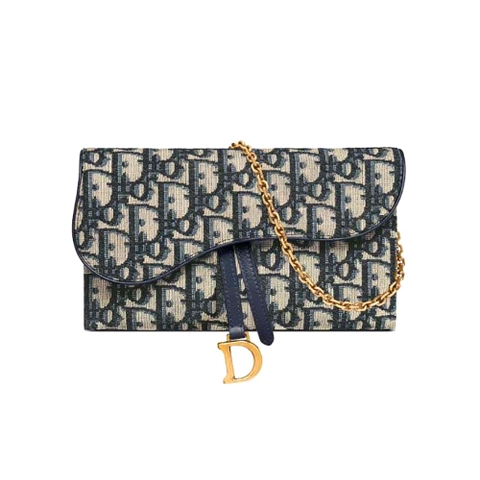 TÚI Dior Women Long Saddle Wallet with Chain Blue Dior Oblique Jacquard
