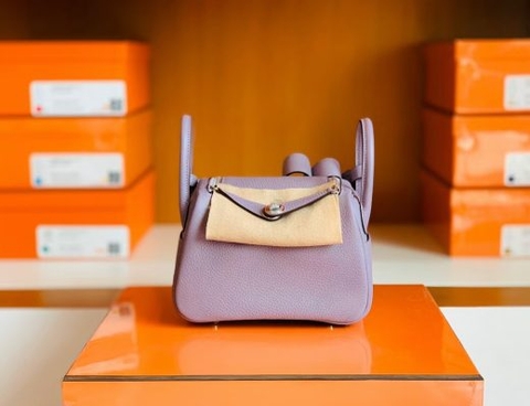 Túi Hermes Mini Lindy Togo Taro purple Silver Hardware Handmade khâu tay 19cm