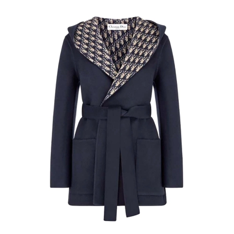 ÁO Dior Women Cropped Coat with Hood and Belt Navy Blue Double-Sided Wool