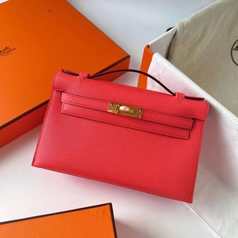 Túi Hermes Mini Kelly Pochette Epsom Watermelon red Gold Hardware Handmade khâu tay 22cm