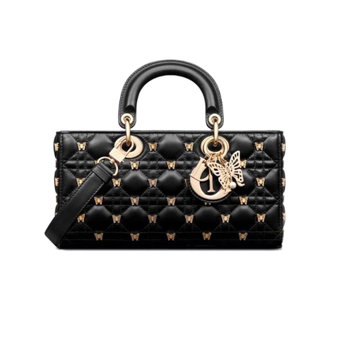 TÚI Dior Women Medium Lady D-joy Bag Black Cannage Lambskin with Gold-Finish Butterfly Studs