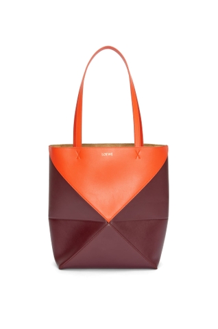 Túi LOEWE Puzzle Fold Tote in shiny calfskin orange burgundy