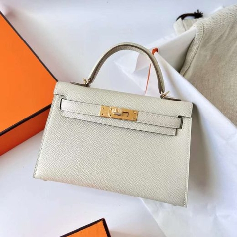 Túi Hermes Mini Kelly Epsom Creamy White Gold Hardware Handmade khâu tay 19cm