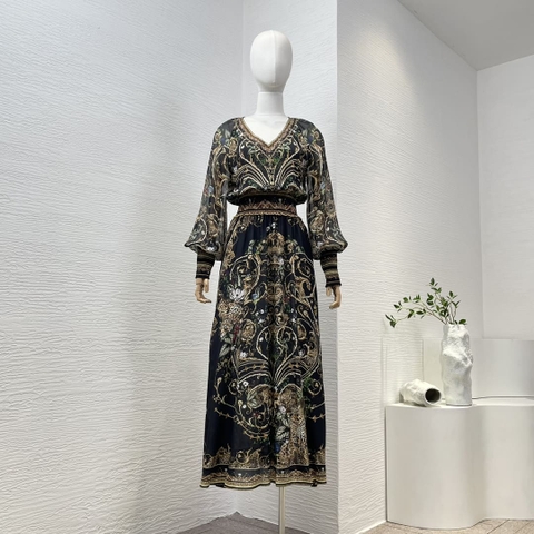 VÁY CAMILLA Original Black Floral Print Long Sleeve Midi Dress High Classy