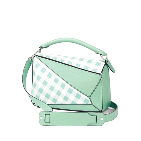 Túi Loewe Women Puzzle Gingham Bag in Calfskin-Lime