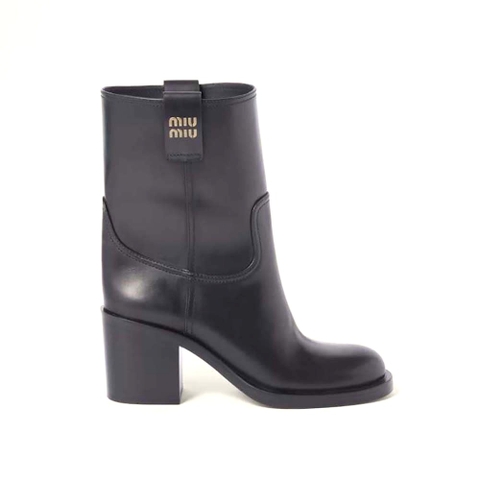 GIÀY Miu Miu Women Leather Booties with Hot-stamped Logo-Maroon