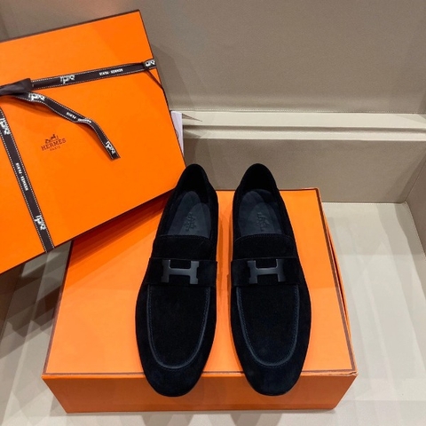 GIÀY HERMES SUEDE LEATHER BLACK LOAFER SHOES