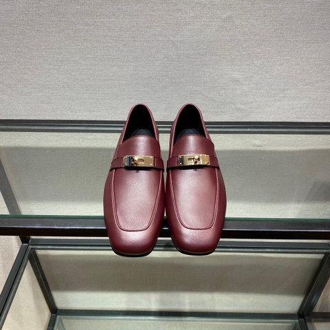 GIÀY HERMES KELLY LEATHER BURGUNDY LOAFER SHOES